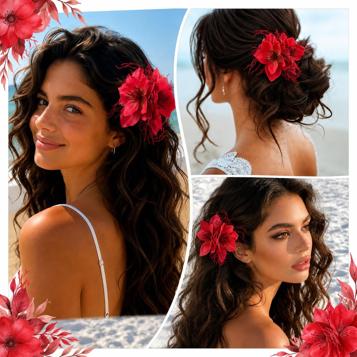 S.A.V.I Red Floral Hair Clip Barrette for Women & Girls | 10 x 7 cm Size, Fabric & Plastic Bloom, Bridal & Party Styling, Beach & Festive, Wedding Accessory