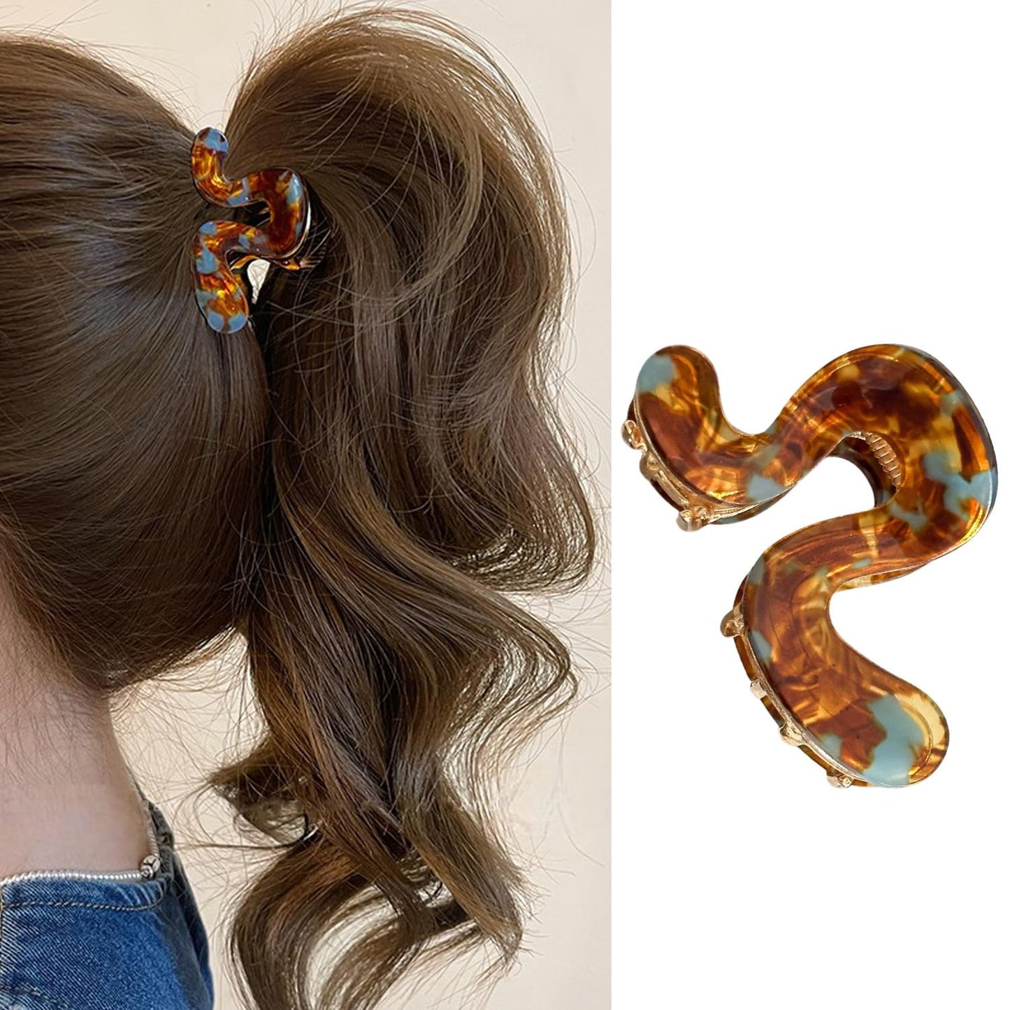 S.A.V.I Brown & Gold Tortoiseshell Acrylic Hair Claw Clip 6 cm, S-Shape Strong Grip Clutcher for Women, Half Up Ponytail Styling Accessory, Durable Stylish Use Everyday
