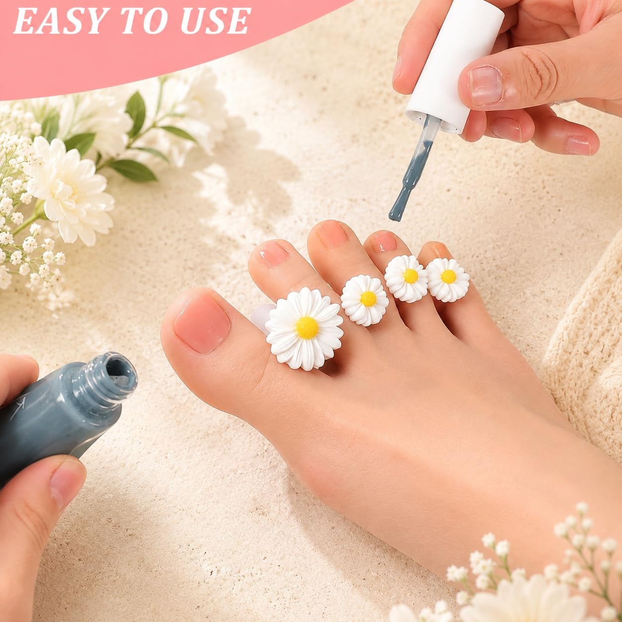 S.A.V.I Silicone Toe Separators Daisy Design Set of 8 | Reusable & Washable, Salon & Home Use, Nail Art & Pedicure, Soft & Flexible, Women & Girls