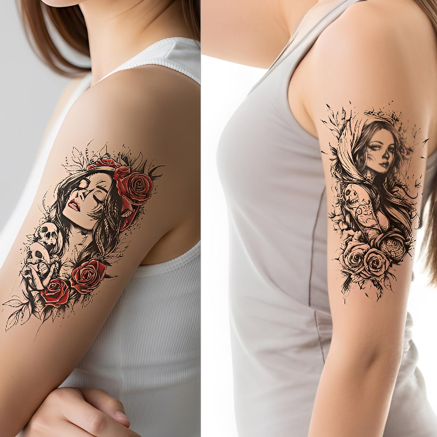 S.A.V.I 3 Gothic Temporary Tattoo Sheets for Women & Men | Large 21x11cm Arm Tattoos | Black & Red Rose, Skull & Angel Designs | Safe Non-Toxic | Waterproof & Long-Lasting Body Art Stickers (Gothic)