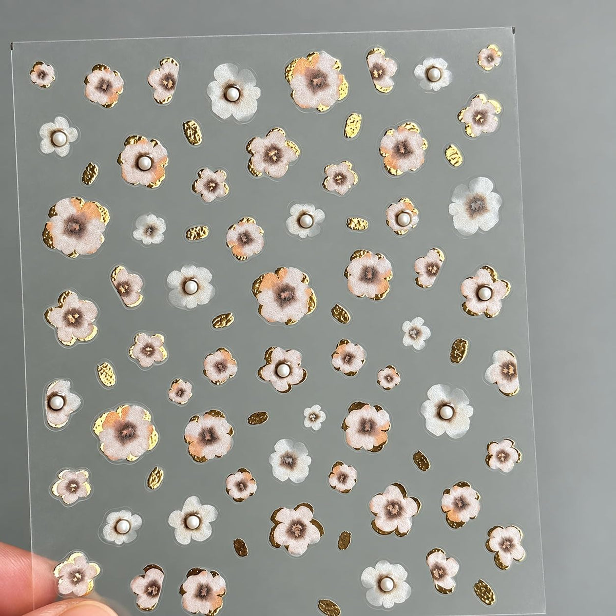 S.A.V.I 3D Floral Nail Art Stickers Self Adhesive Decals, 2 Sheets | White & Coffee Blossoms, Metallic Gold Detailing, Pearl Accents, DIY Manicure, 7 x 9 cm