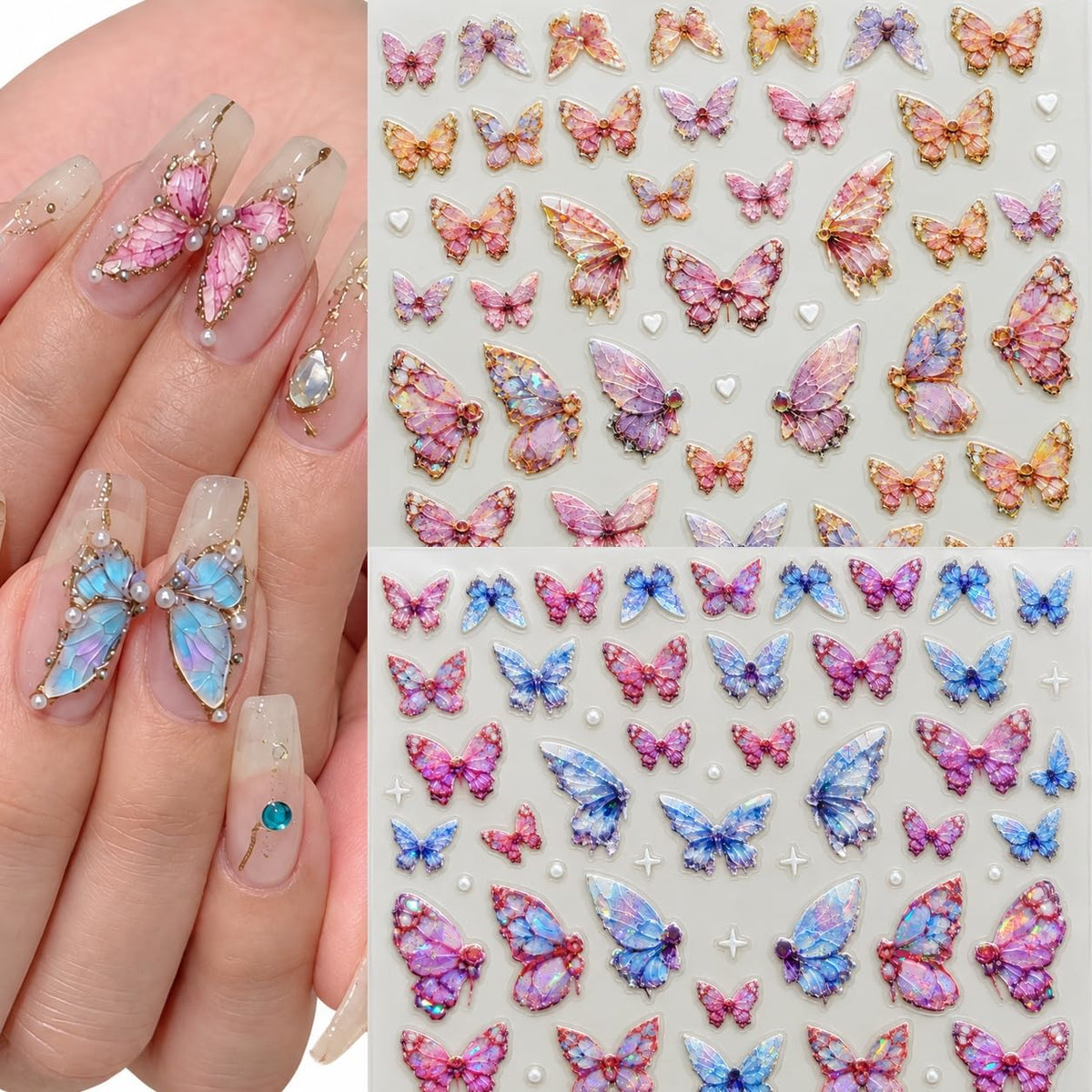 S.A.V.I 3D Butterfly Nail Art Stickers Iridescent Holographic Decals | Set of 2 Sheets, 8 x 10 cm Each, Self Adhesive, Pink Blue Multicolour, Easy Peel and Stick