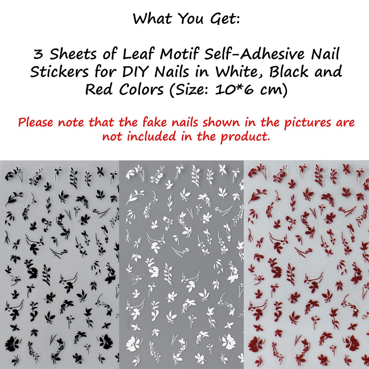 S.A.V.I 3 Sheets - Leaf Design Nail Art Stickers Self Adhesive Floral Nail Decals for DIY Manicure, Black White Red, Salon & Home Use