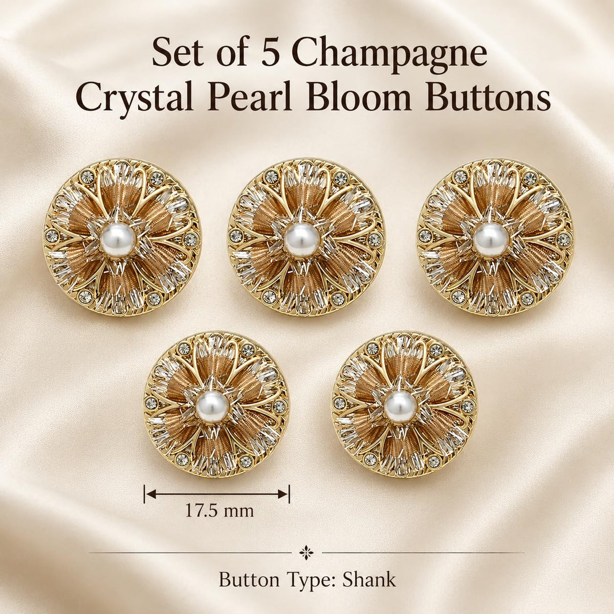 S.A.V.I Pearl Rhinestone Shank Buttons Gold Tone Crystal 17.5mm | Set of 5, Floral Embellishments, For Blazers & Jackets, Sewing Crafts, For Dresses