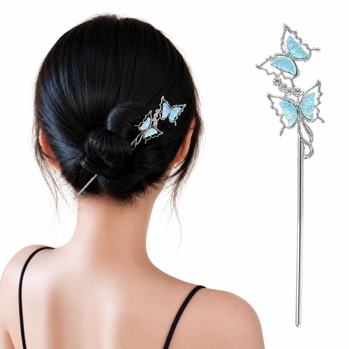 S.A.V.I Moonstone Butterfly Hair Stick Silver Blue 18 cm, Silver-Blue Alloy Bun Accessory, Lightweight, Elegant Updo Holder for Daily, Parties & Festive Looks