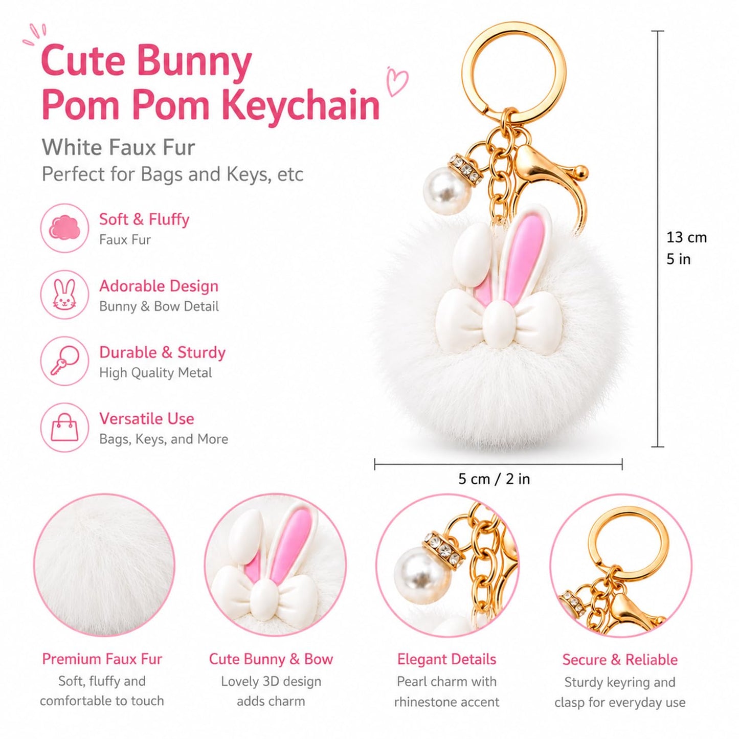 S.A.V.I Bunny Pom Pom Keychain for Women & Girls, Faux Fur Bag Charm, White, Soft Plush Finish, 13 cm Cute Rabbit Pendant with Pearl Accent, Gold-Tone Clasp for Handbags, Backpacks, Keys & Gifts