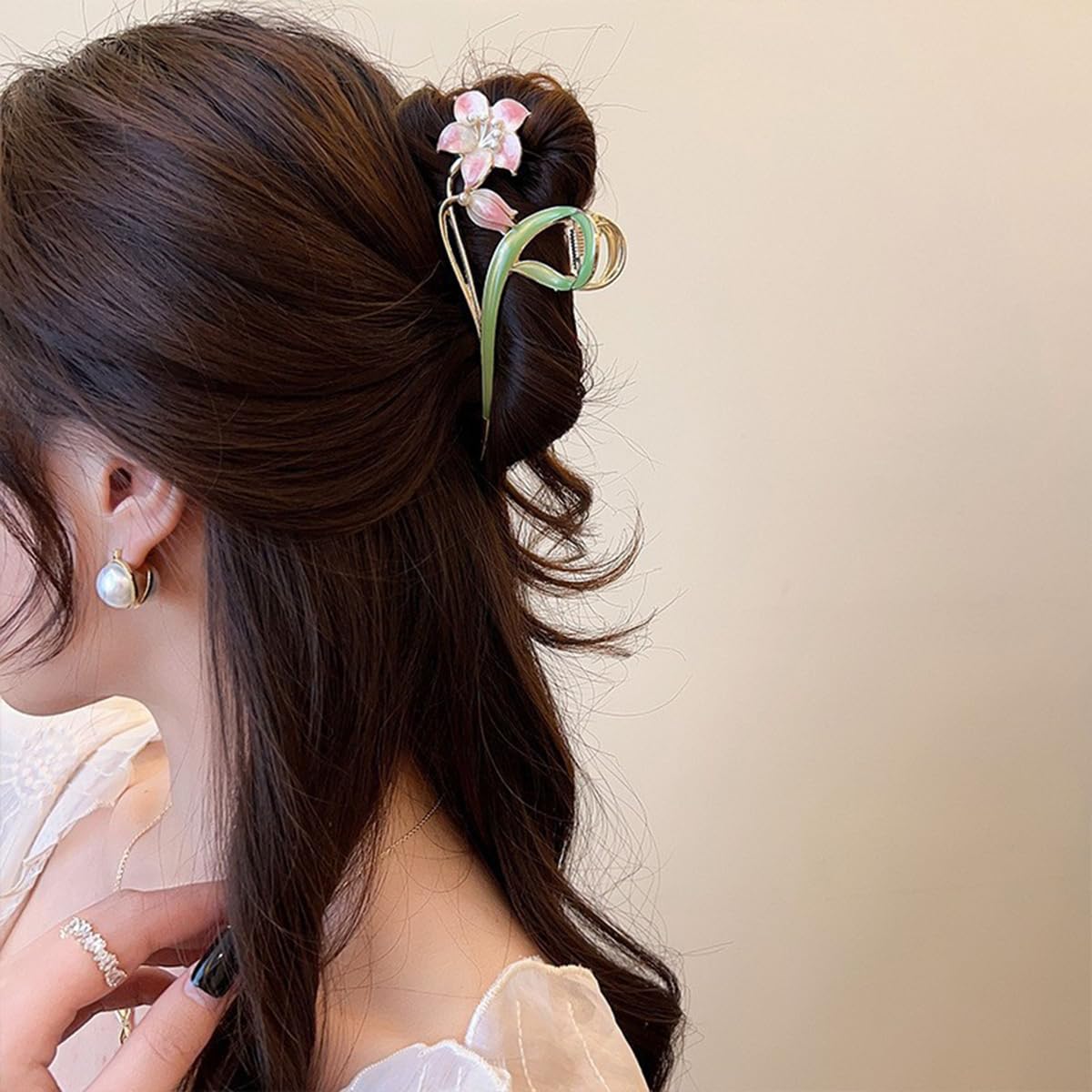 S.A.V.I Floral Hair Claw Clip for Women & Girls, Large 11 cm Strong Grip Clutcher, Green Pink Flower Design, Alloy Resin Hair Accessory for Daily, Party Styling