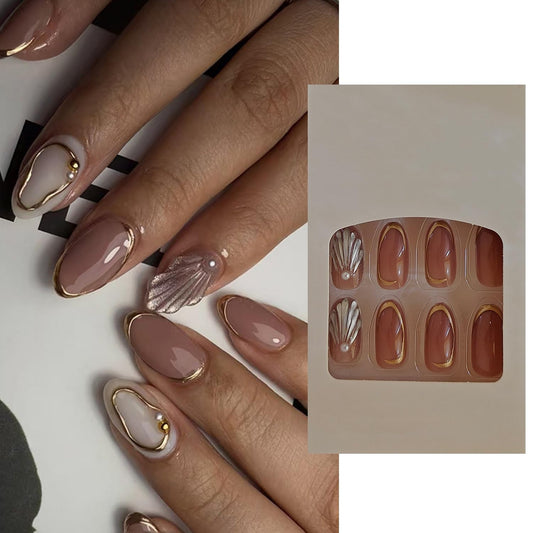 S.A.V.I 24 Pcs Medium Length Round Press-On Nails | Nude Brown & White Glossy Finish | 3D Shell Pearl & Gold Foil Design | Reusable Acrylic Fake Nails with Glue & Adhesive Tabs
