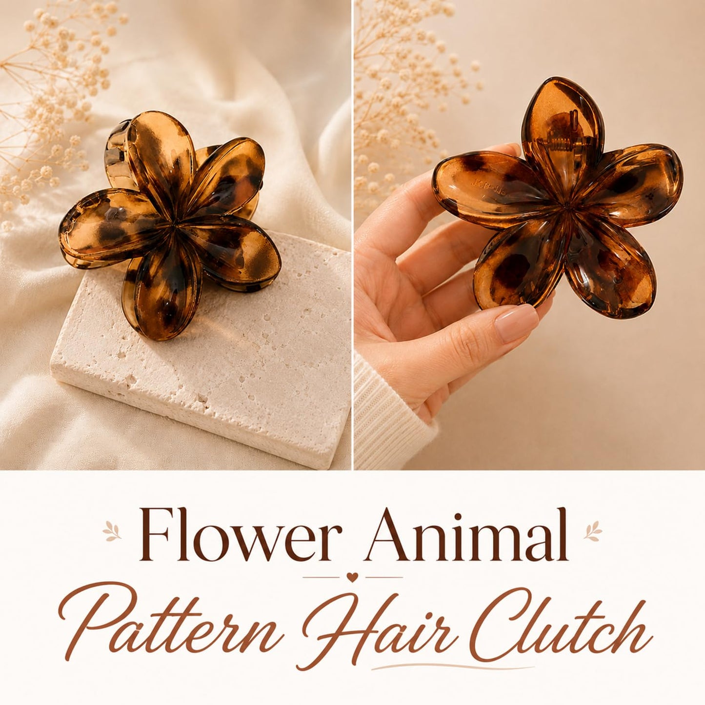 S.A.V.I Hair Claw Clips Set of 3, Bow Flower & Shell, 7-8 cm, Brown Tortoise & Pink, Strong Acrylic Grip for Thick & Medium Hair, Everyday