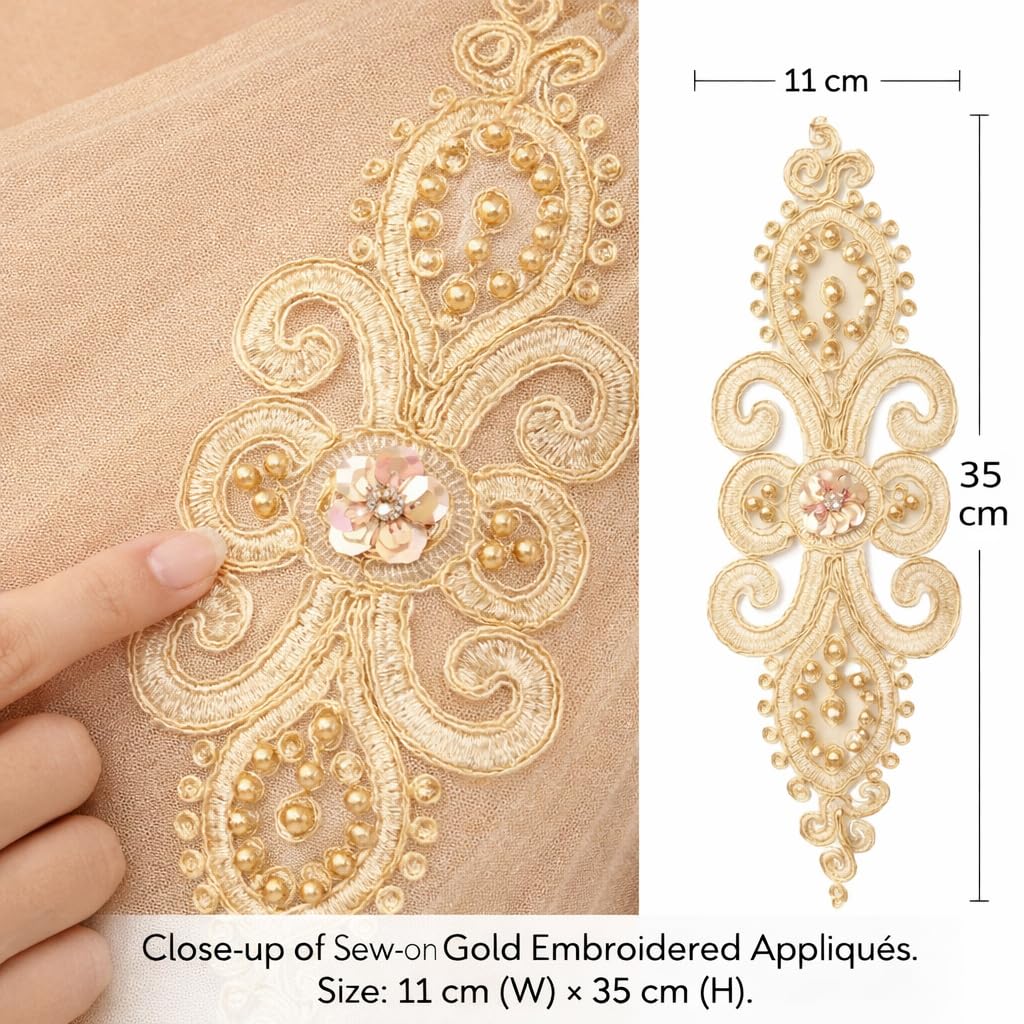 S.A.V.I Pair of Gold Embroidered Sew-On Applique 11 x 35 cm, Floral Paisley Design with Beads & Sequins, Fabric Patch for Blouse, Kurti, Gown & Saree Neckline (Golden)