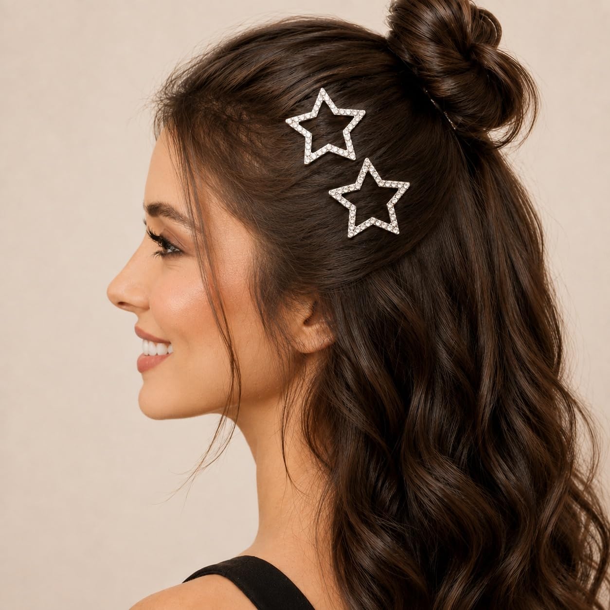 S.A.V.I Star Hair Clips for Women & Girls, Rhinestone Silver 4cm | 2 Pc Metal Barrettes, Crystal Embellishment, Strong Hold, Daily & Parties
