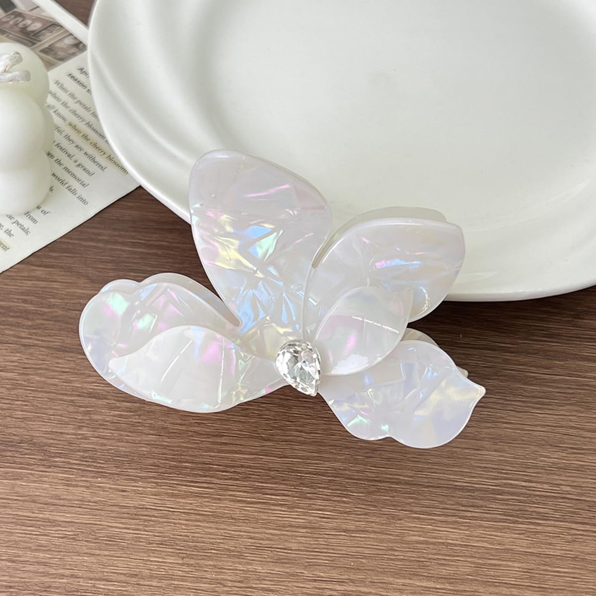 S.A.V.I Mermaid White Butterfly Hair Claw Clip 5.5 cm with Rhinestone Accent, Iridescent Acrylic Floral Design, Strong Grip Hair Accessory for Women & Girls, Half-Up Hairstyle