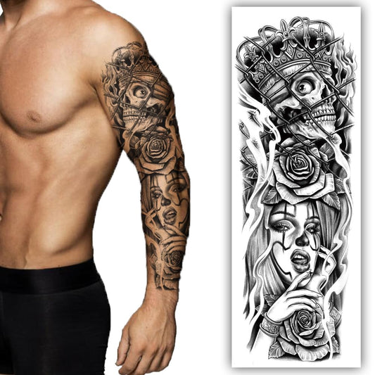 S.A.V.I Full Arm Temporary Tattoo Sleeve - Crowned Skull, Roses  Woman Portrait, 48x17 cm