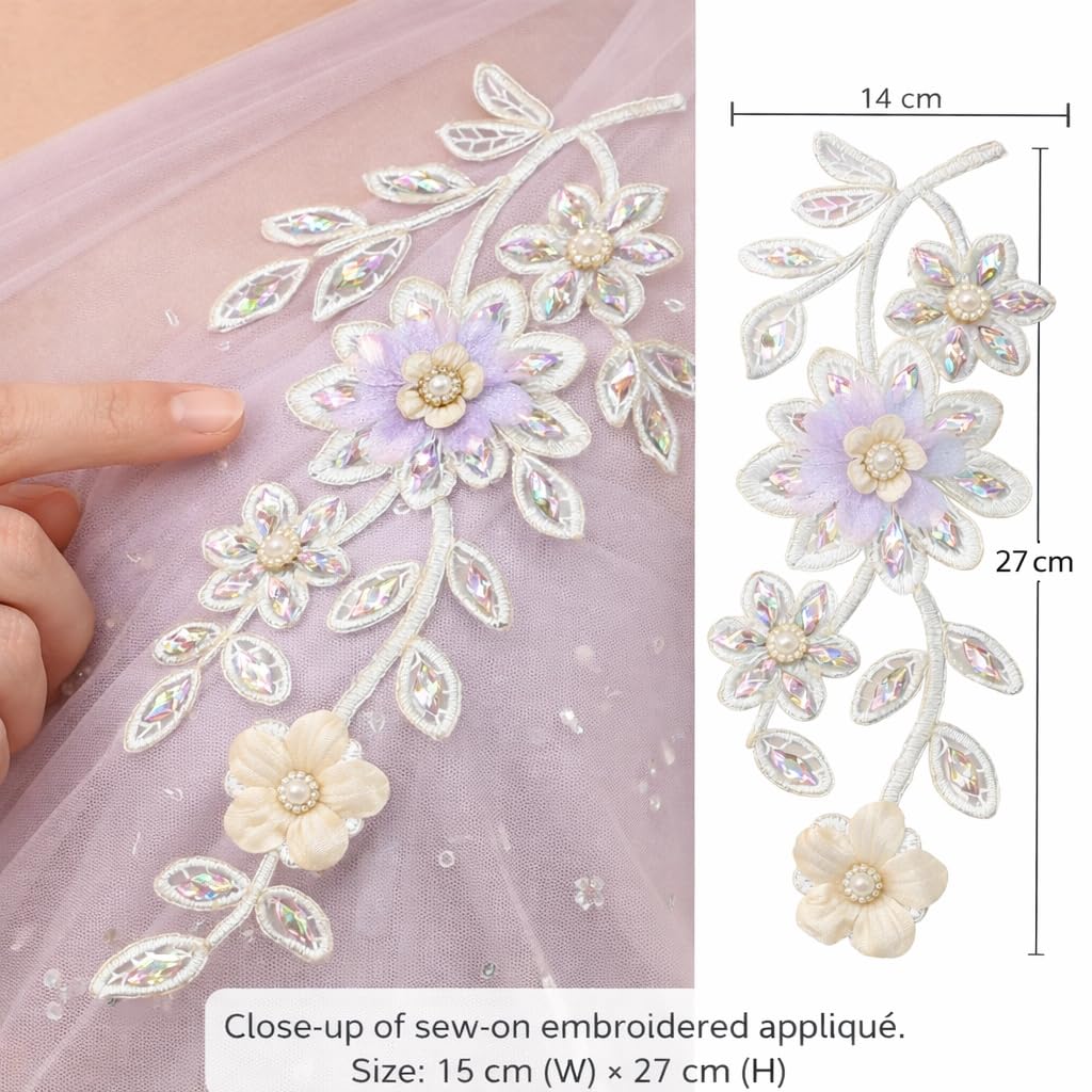 S.A.V.I Silver & Pastel Floral Sew-On Appliqué Patch, 3D Beaded Crystal Leaf Design, 14 x 27 cm Net Fabric for Saree, Kurti, Gown & Dress Decoration (Right, Silver, OneSize)