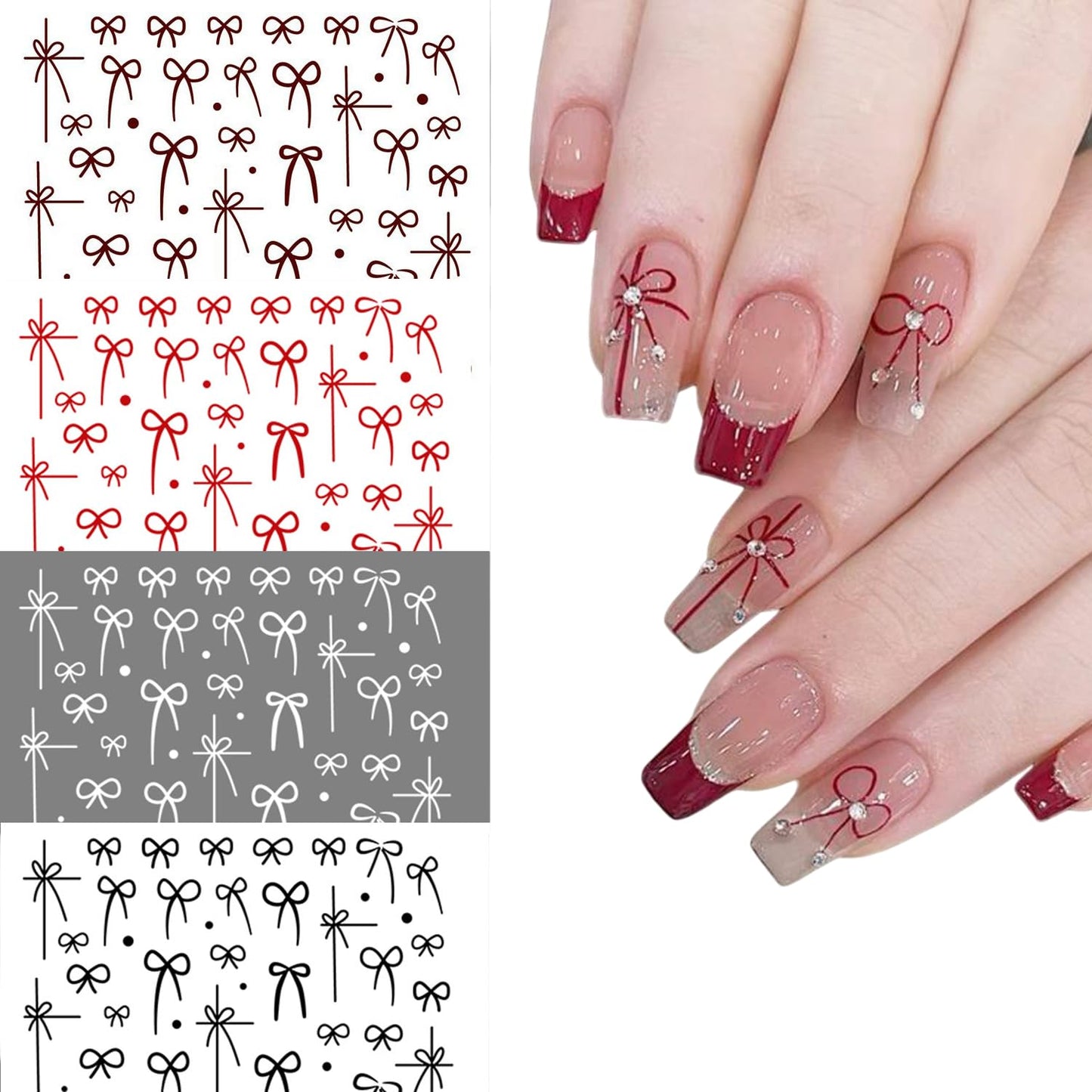 S.A.V.I 4 Sheets - Self-Adhesive Bow Nail Art Stickers, (Red, Dark Red, Black, White), Ultra-Thin DIY Decals, Minimal Ribbon Design for Gel, Acrylic & Natural Manicure