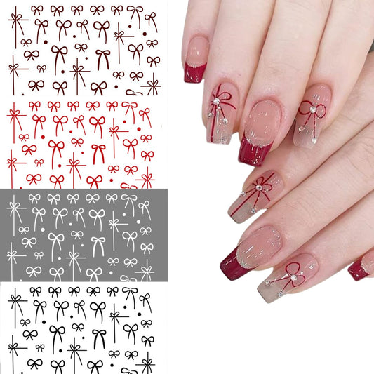 S.A.V.I 4 Sheets - Self-Adhesive Bow Nail Art Stickers, (Red, Dark Red, Black, White), Ultra-Thin DIY Decals, Minimal Ribbon Design for Gel, Acrylic & Natural Manicure