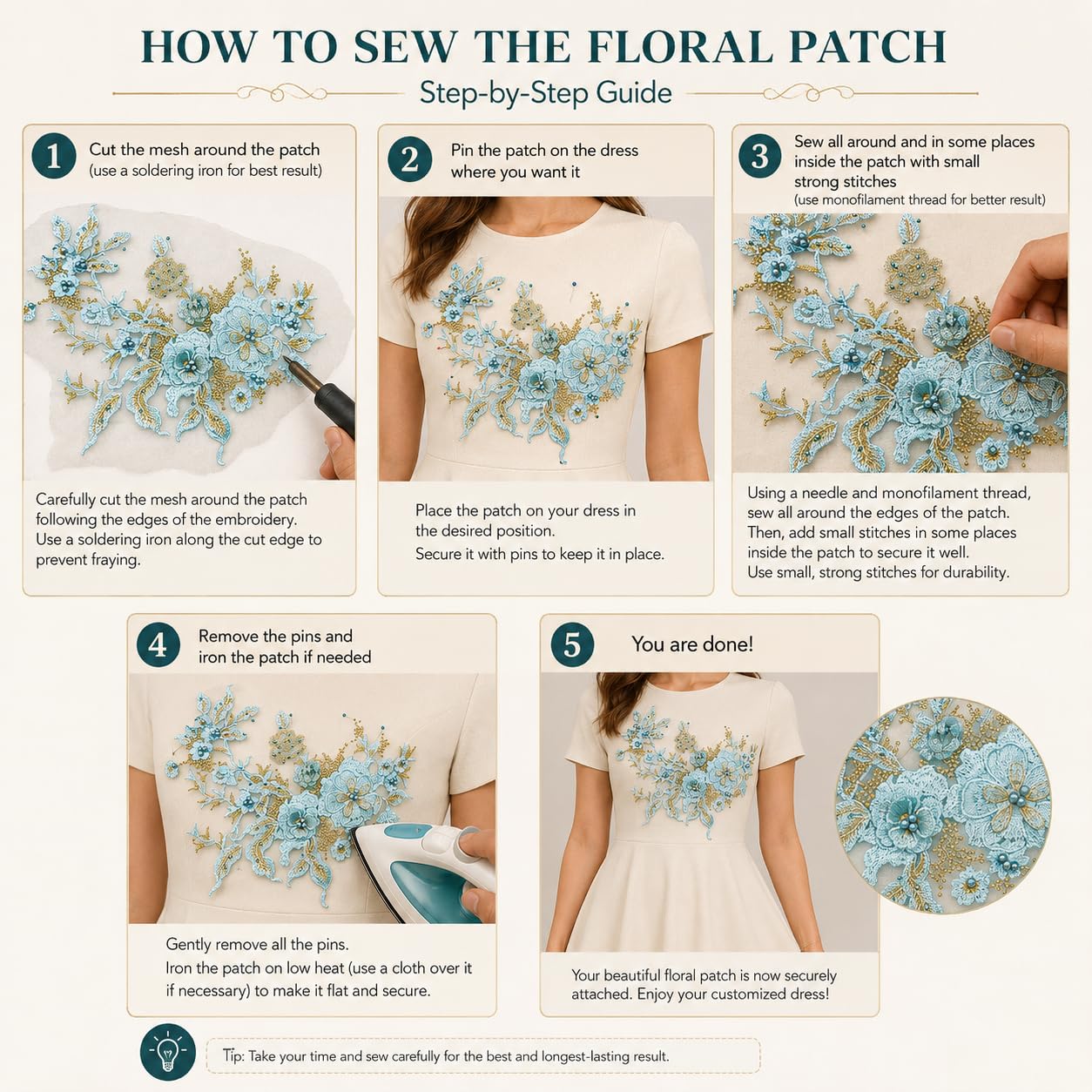 S.A.V.I Floral Embroidery Applique Patch Sew-On Cyan 36x25 cm|DIY Lace Motif With Beadwork For Dresses, Kurtas, Blouses & Tops; Custom Garment Embellishment, 1 Piece