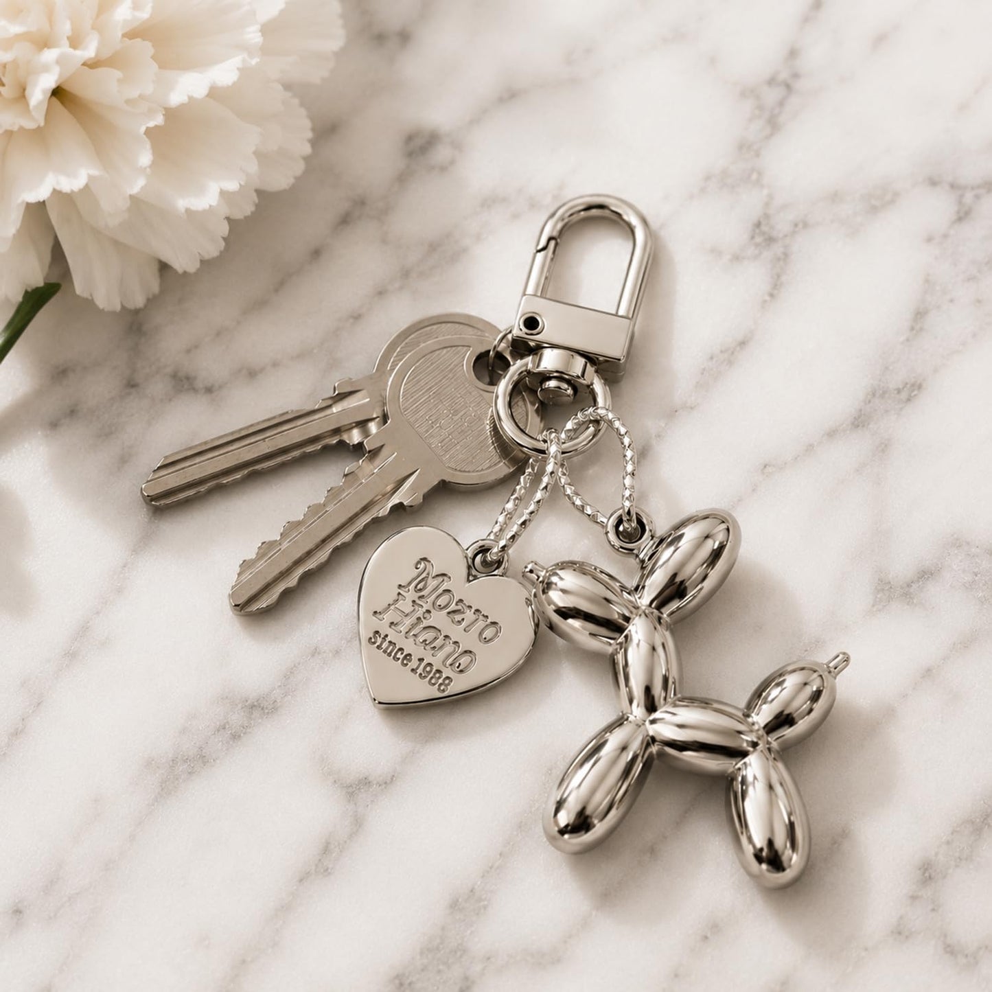 S.A.V.I Balloon Dog Keychain Silver Metal Bag Charm Key Ring Pendant, Cute mirror-finish accessory with lobster clasp for handbags, backpacks & car keys; stylish gift for women, girls & teens.