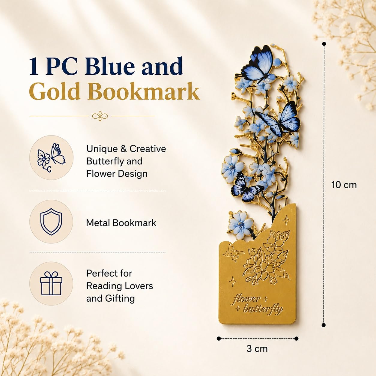 S.A.V.I Metal Bookmark Blue Gold Butterfly Flower Design 10x3 cm | Brass-Tone Finish, Durable Construction, For Students & Teachers, Decorative Cutwork, Reading Accessory