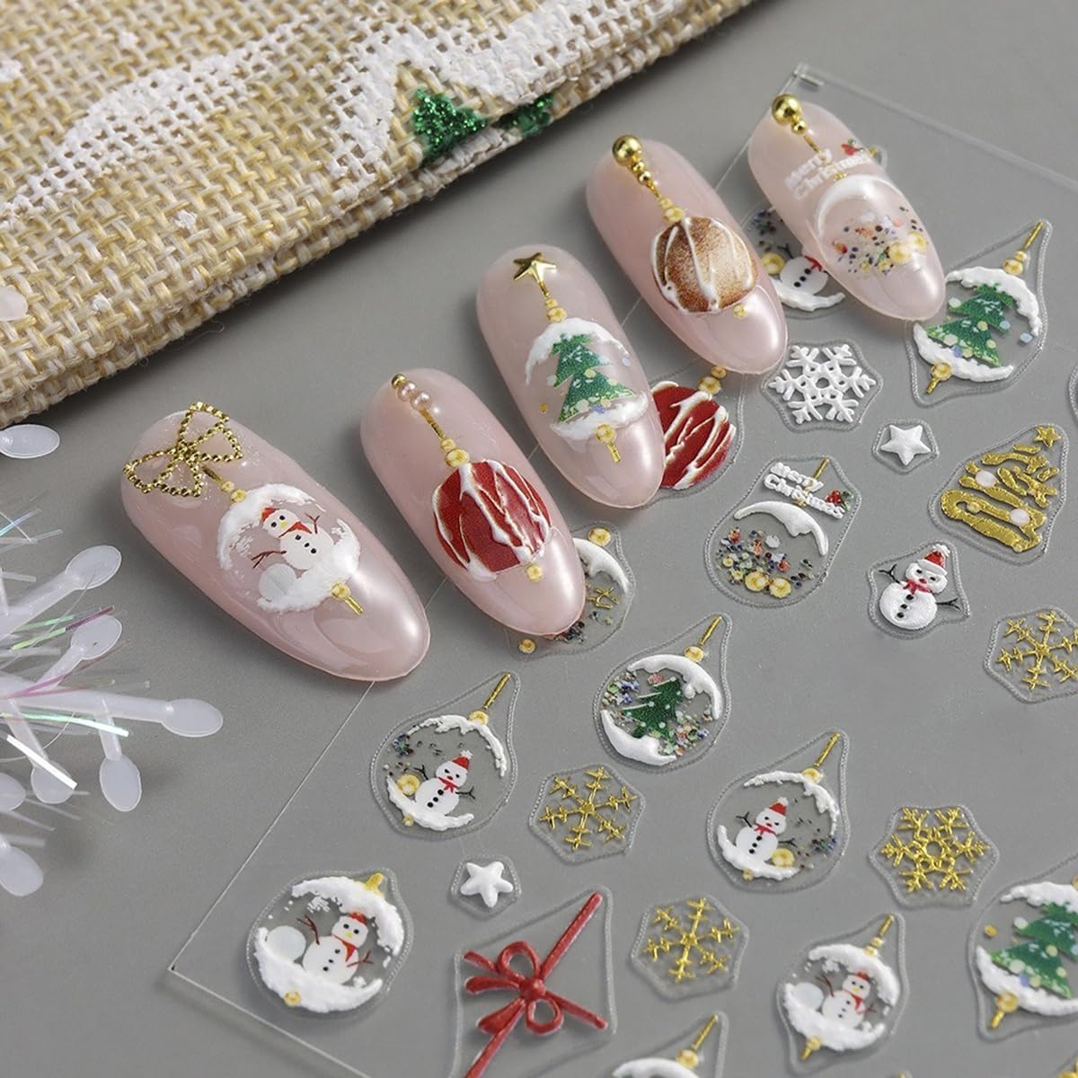 S.A.V.I 2 Sheets - 3D Christmas Nail Art Stickers Self-Adhesive Resin Decals in Gold White Red Green, Snowman Tree Bauble Designs, Festive DIY Manicure Decor for Women