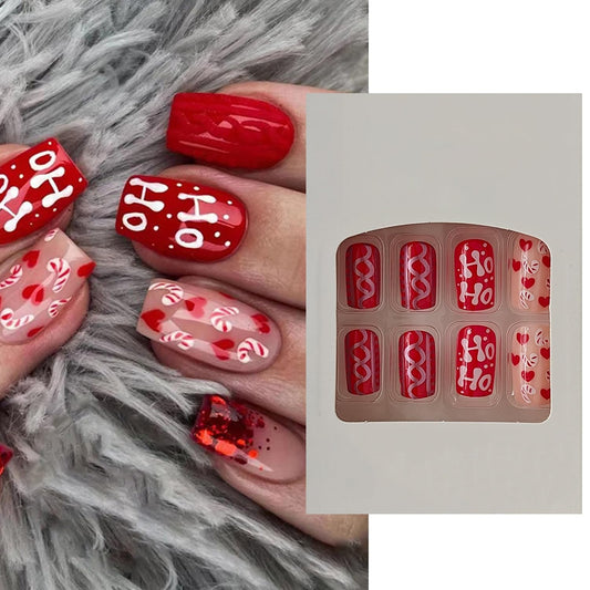 S.A.V.I 24 Pcs Christmas Red & Nude Press On Nails, Medium Square Glossy Acrylic Fake Nails with Candy Cane & Ho Ho Art, Reusable Set with Glue & Adhesive Tabs