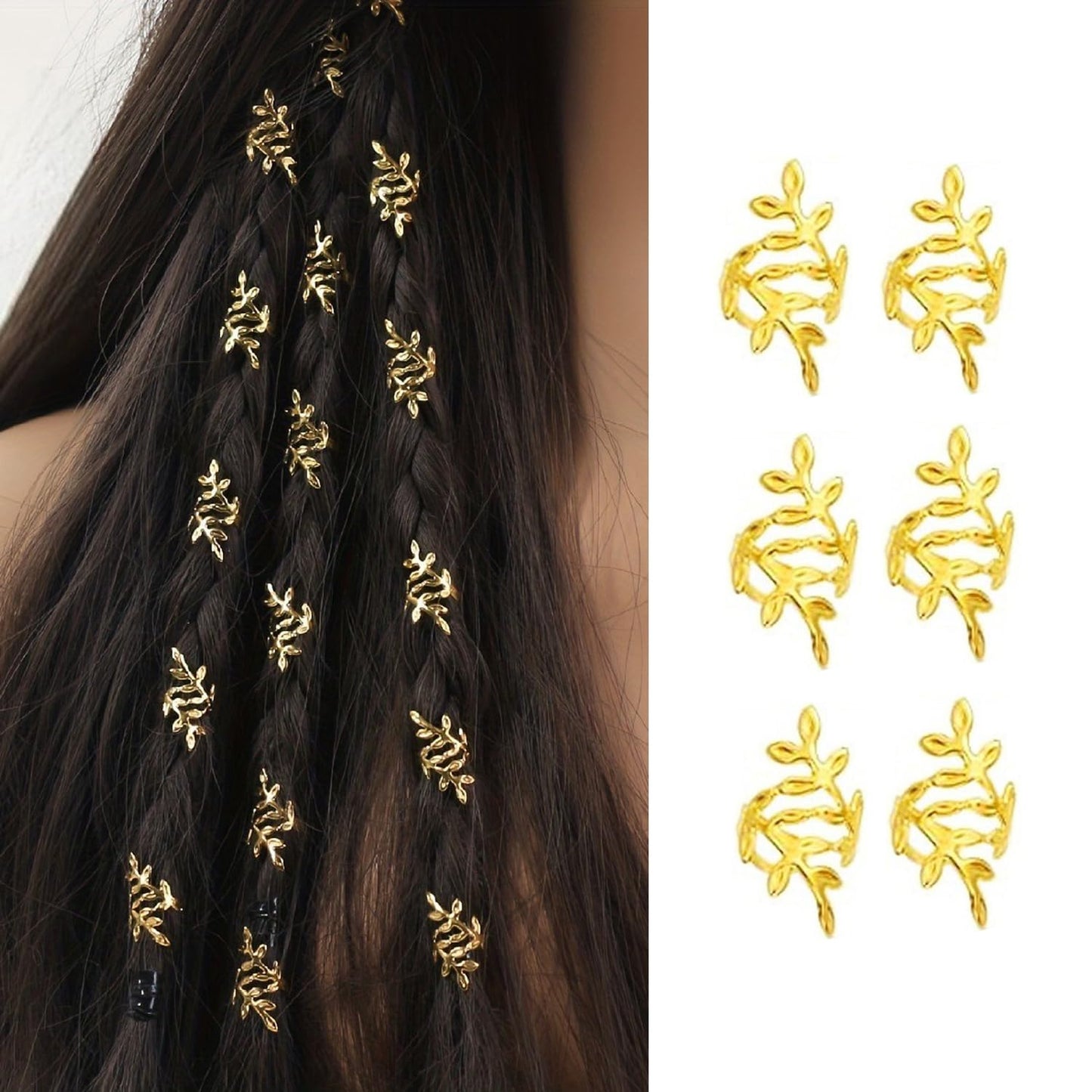 S.A.V.I 6 PCS Leaf Shaped Gold Hair Braid Rings for Women & Girls | Metal Dreadlock Cuffs Clip-On Accessories | Boho Viking Braiding Beads for Braids, Dreads & Party Hairstyle