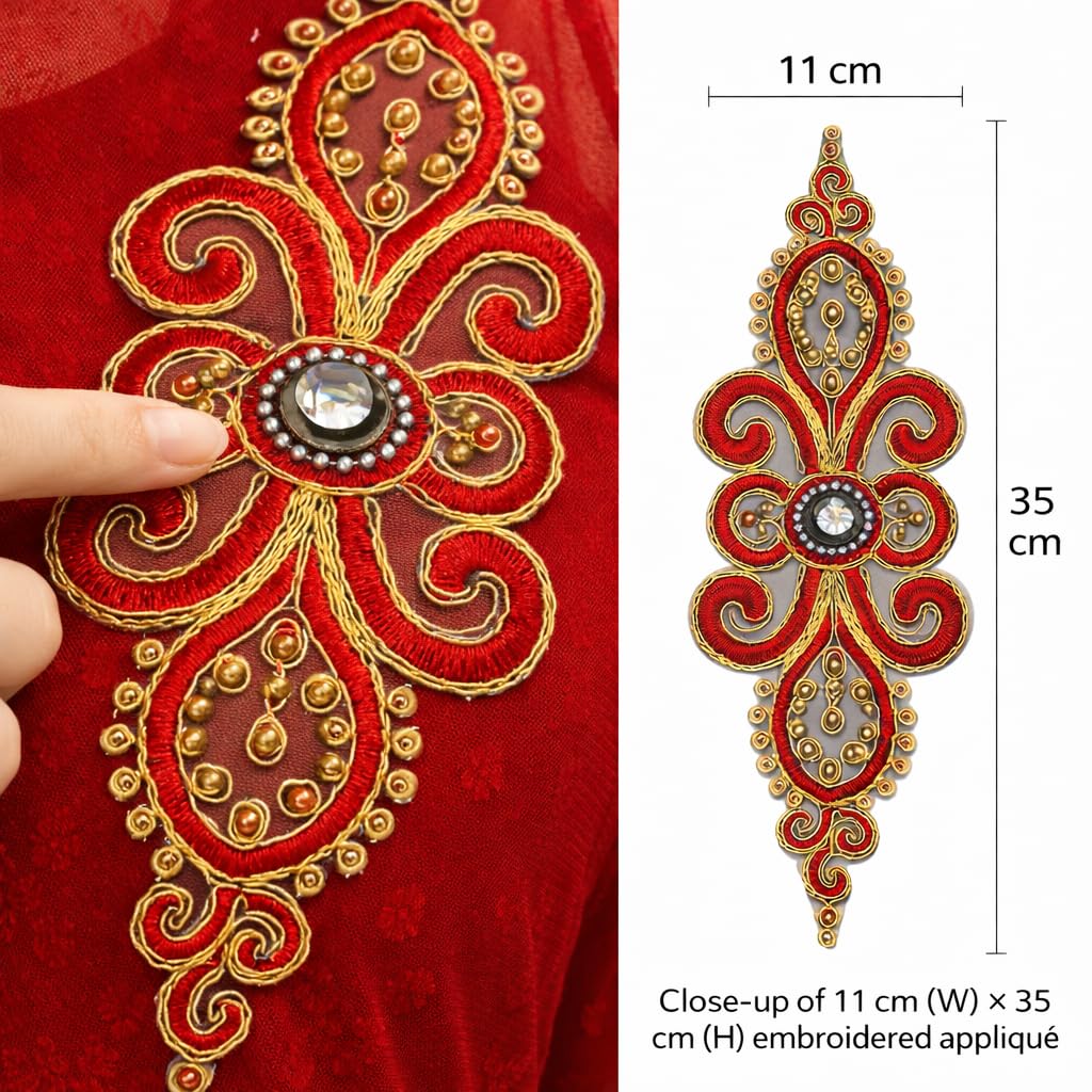 S.A.V.I Pair of Red & Gold Embroidered Sew-On Appliqué (11 x 35 cm), Floral Paisley Zari Beads Stone Work, Designer Craft Patch for Kurti, Gown, Blouse & Ethnic Wear (Red-Gold)