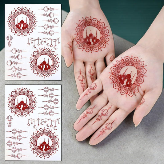 S.A.V.I 2Pcs Natural Islamic Henna Mehndi Temporary Tattoo Stickers for Women – Crescent Moon, Mosque & Mandala Design, Waterproof Skin-Safe Transfer Body Art for Eid, Nikah & Festivals (#58)
