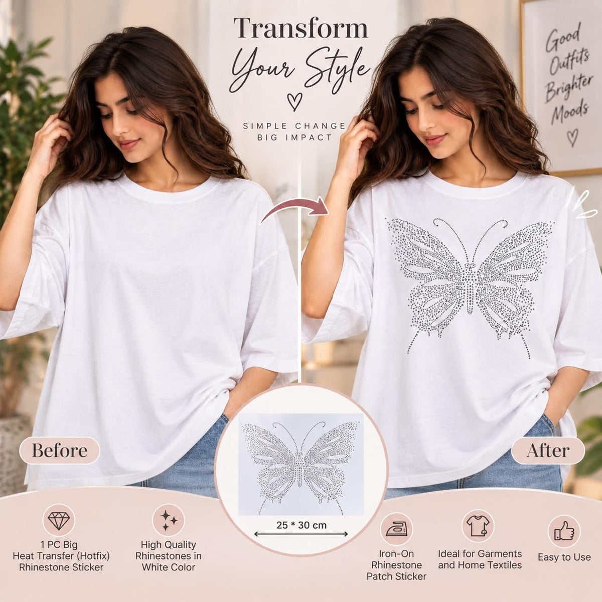 S.A.V.I Rhinestone Iron on Butterfly Heat Transfer Sticker 25x30cm