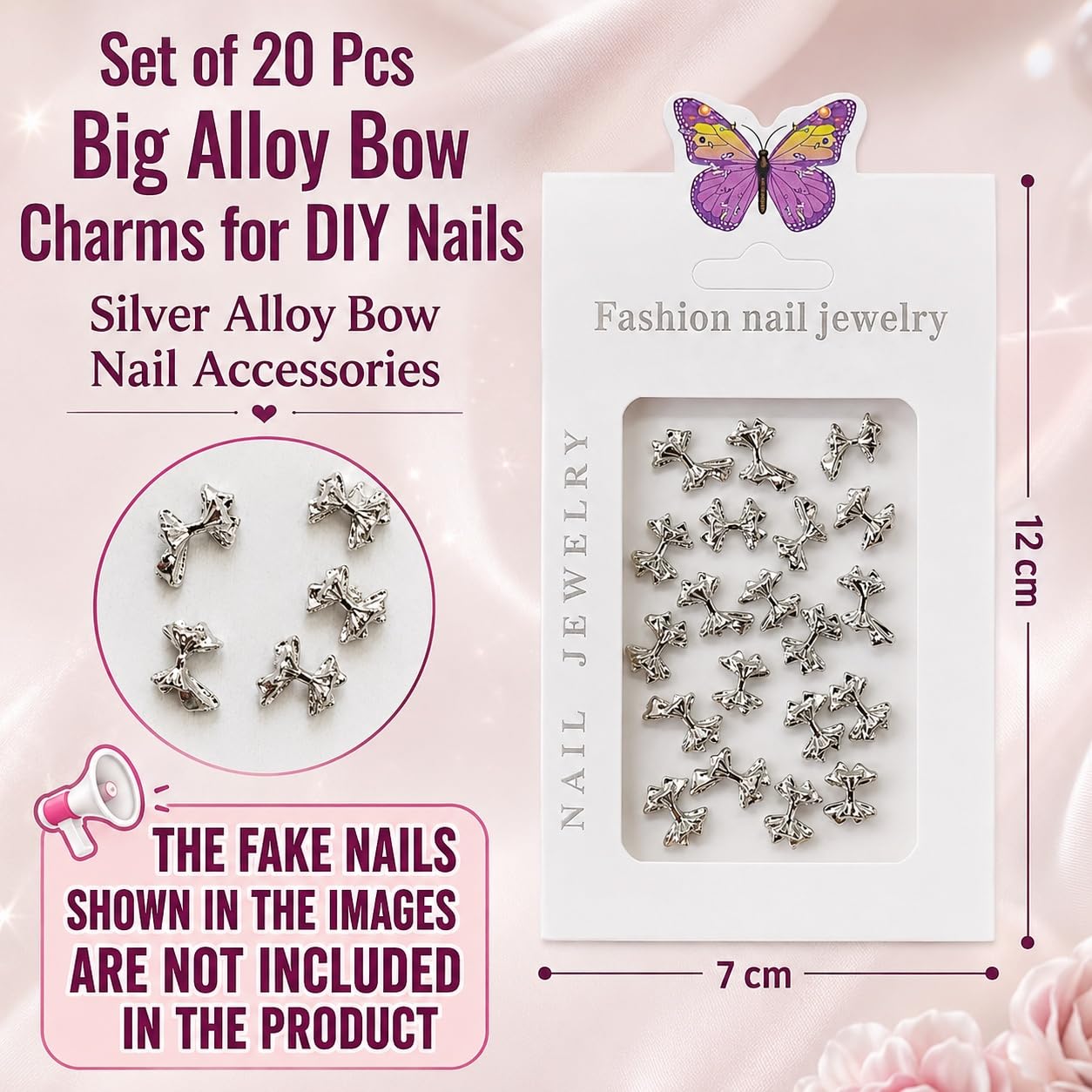 S.A.V.I Silver Alloy Bow Charms for DIY Nail Art, 20 Pcs | 3D Manicure Embellishments, Glossy Finish, Acrylic, Gel & Press-On, Easy to Apply, Women & Girls