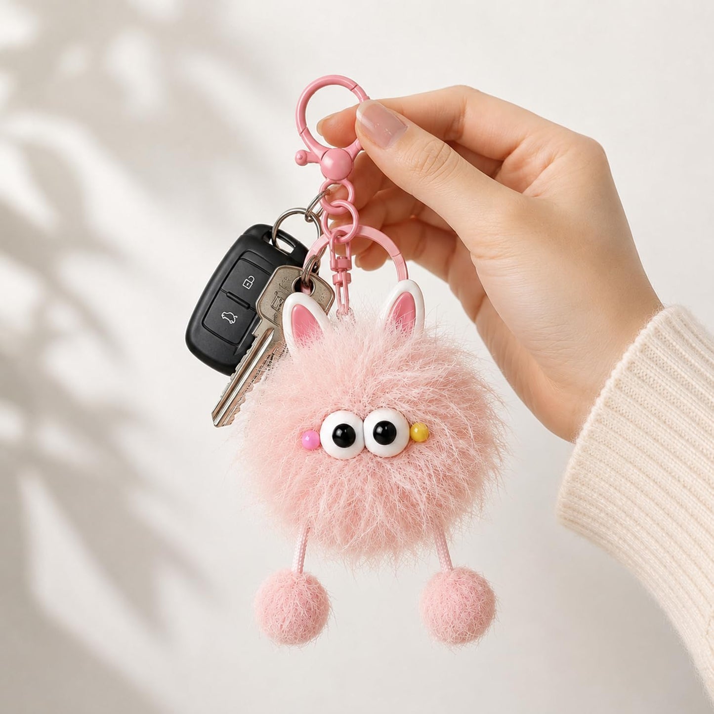 S.A.V.I Cute Plush Pom Pom Keychain for Bags & Keys, Pink Bunny Charm, Soft Faux Fur, 14 x 4 cm Hanging Accessory, Lightweight Gift for Women Girls, Backpack Purse Car Key Ring