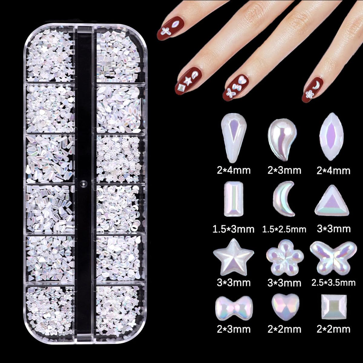 S.A.V.I Pearl White AB Resin Nail Art Rhinestones Set | Flat Back Mixed Shapes Star Heart Moon Flower Triangle | 1.5–4mm Sizes | 12 Grid Storage Box | DIY Nail Decoration Kit
