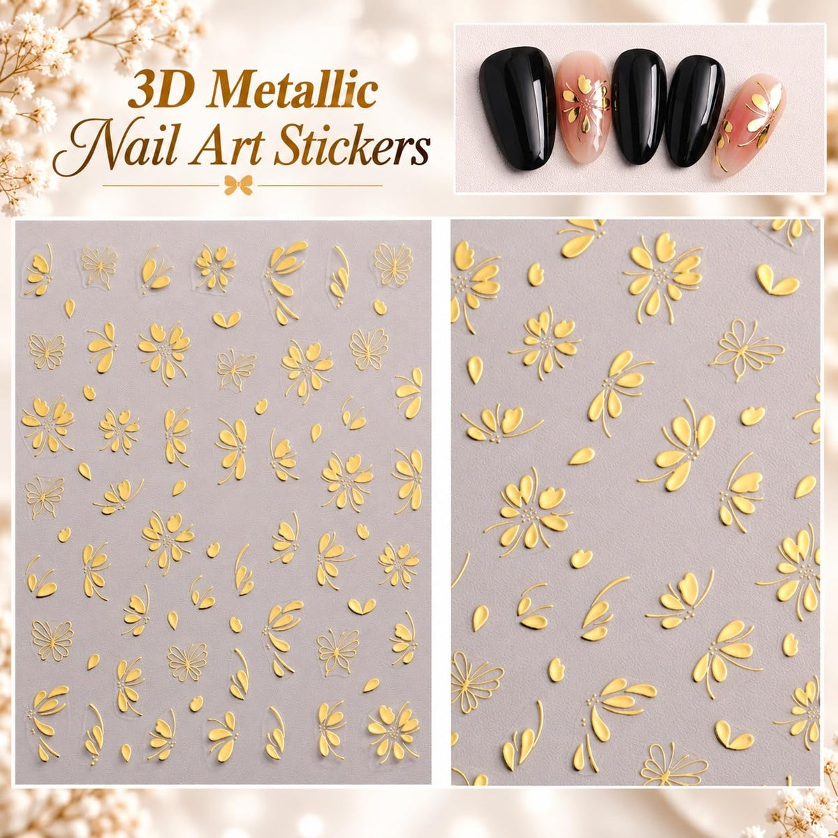 S.A.V.I 3D Floral Nail Art Stickers Metallic Gold, Set of 4 | Self Adhesive Decals, Raised Flower Designs, 8 x 10 cm Each, Easy Application, Home Salon Use