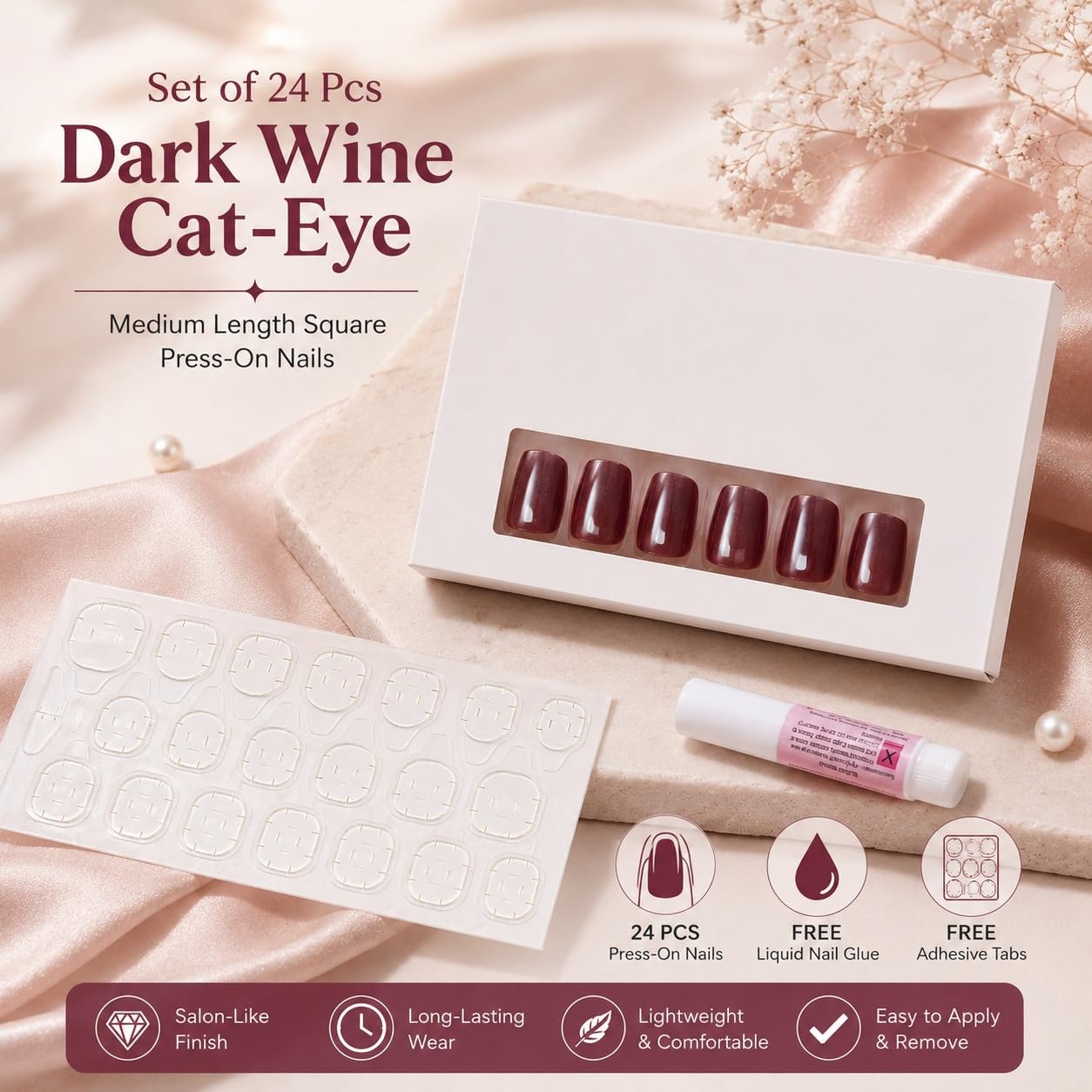 S.A.V.I Press on Nails Dark Wine Medium Square Cat Eye 24 Pcs