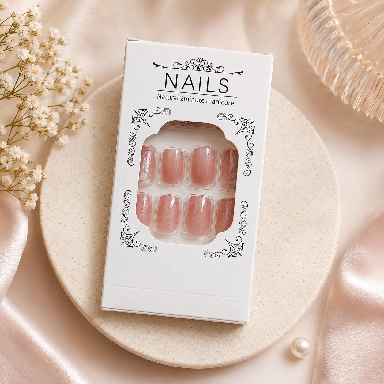 S.A.V.I Press on Nails Pink Nude Cat Eye Medium Square 24 Pcs | Reusable Glossy Artificial Fingernail Set with Glue & Adhesive Tabs, Easy DIY Manicure for Women