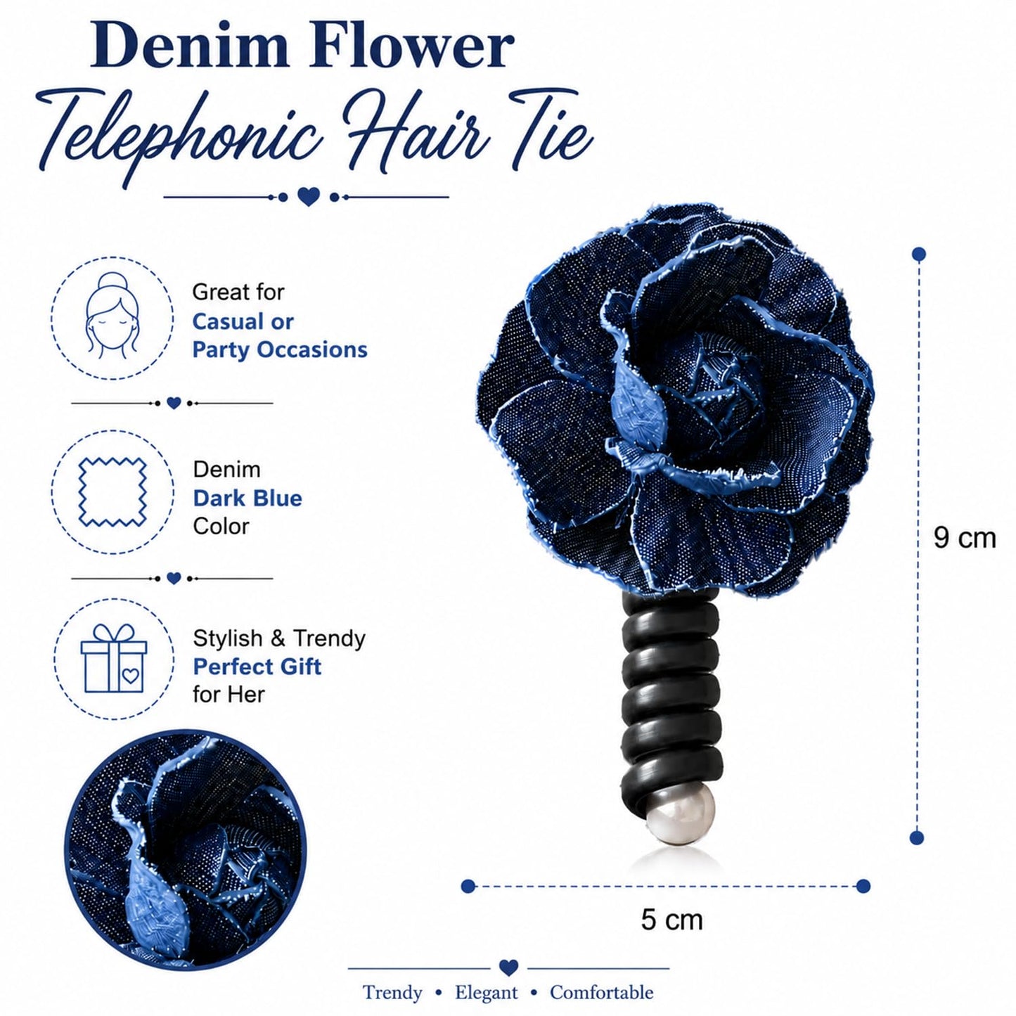 S.A.V.I Denim Flower Spiral Hair Tie for Women Dark Blue, Floral Elastic Pony Holder, 9 cm Accessory for Casual & Party, Comfortable
