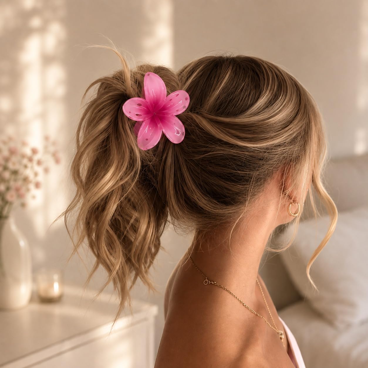 S.A.V.I Pink Floral Hair Claw Clip for Women, Resin, 8 cm | Frangipani Style, Strong Grip, Lightweight, Secure Hold, Casual & Party