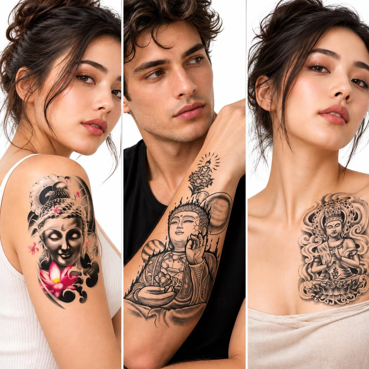 S.A.V.I Buddha Temporary Tattoo Black & Grey Lotus, 15x21 cm
