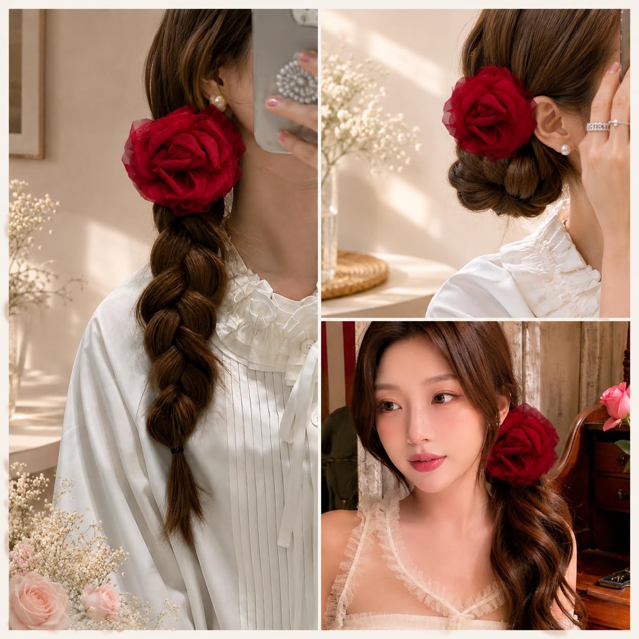 S.A.V.I Rose Hair Claw Clip for Women, Mesh Floral, Red, 10 cm | Strong Grip, Lightweight Fabric, Casual & Party Styling, Wedding & Festive Use, For Girls