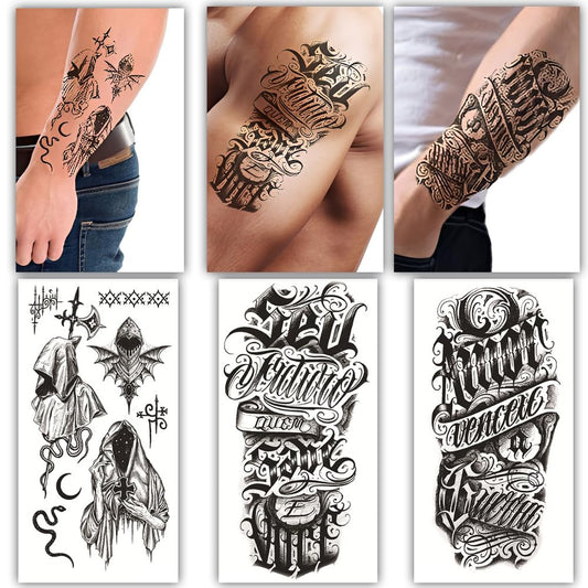 S.A.V.I 3Pcs Gothic Lettering Temporary Tattoo Sheets – Black Waterproof, Non-Toxic Body Art Stickers for Men & Women – Large 21x10cm Arm, Shoulder & Back Designs – Easy Apply & Remove