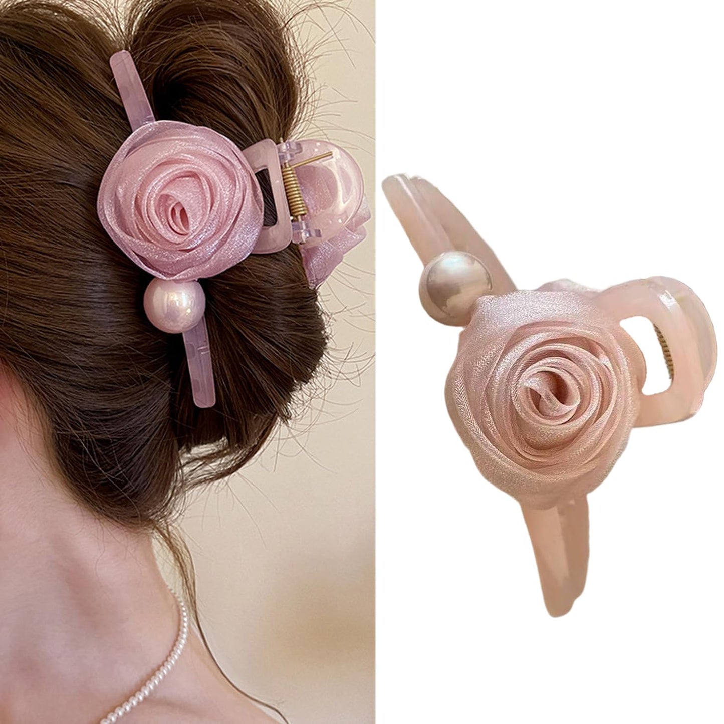 S.A.V.I Elegant Large Hair Claw Clip for Women | 13 cm Floral Rose Design with Pearl Accent | Matte Finish Strong Grip Clutcher for Thick Hair | Stylish Pink Jaw Hair Accessory
