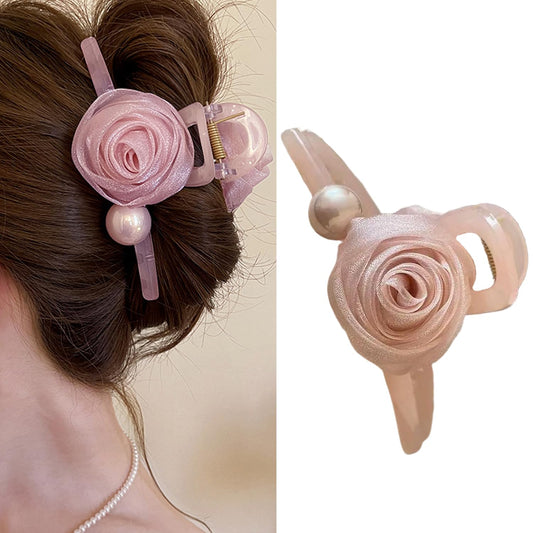 S.A.V.I Elegant Large Hair Claw Clip for Women | 13 cm Floral Rose Design with Pearl Accent | Matte Finish Strong Grip Clutcher for Thick Hair | Stylish Pink Jaw Hair Accessory
