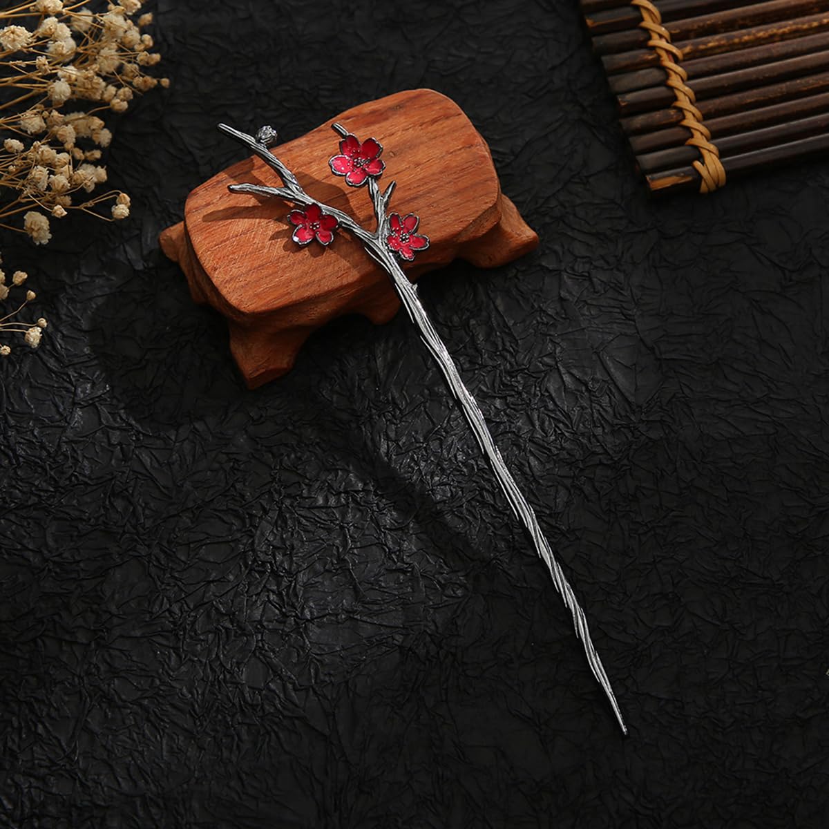 S.A.V.I Floral Chinese Style Hair Stick for Women | Silver Tone Metal Bun Pin with Red Cherry Blossom Design | Handmade 18 cm Hair Accessory for Bridal, Party, Wedding & Ethnic Wear