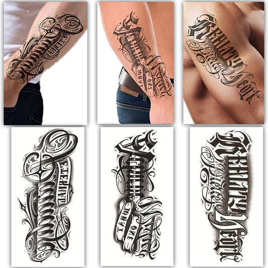 S.A.V.I 3 Sheets Large Calligraphic Script Temporary Tattoos for Men – Waterproof, Non-Toxic Black Body Art Stickers 21x10cm for Arm, Shoulder & Back – Easy Apply & Remove, Long-Lasting