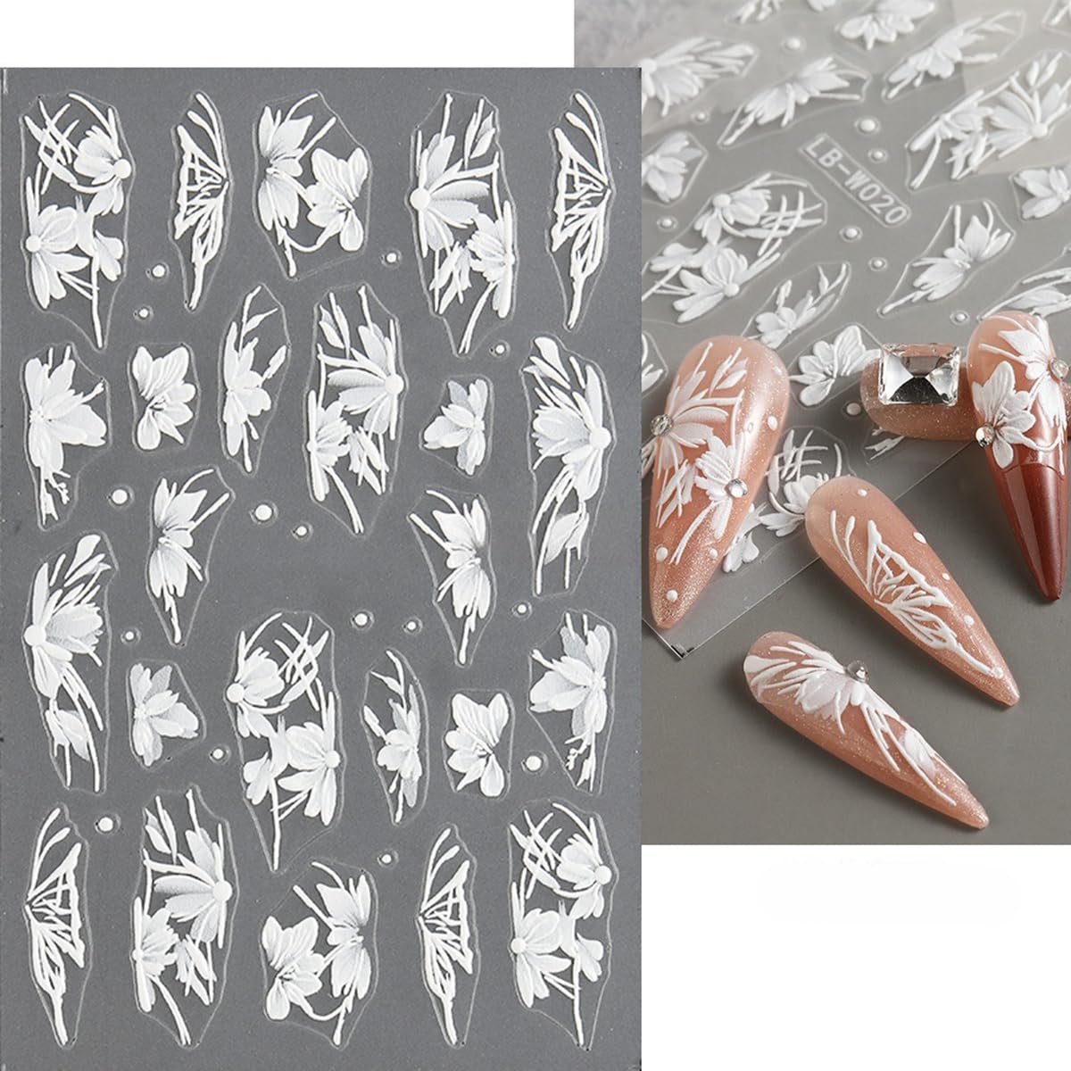 S.A.V.I 4 Sheets - 3D Floral Nail Art Stickers | White & Pink Self-Adhesive PVC Decals with Transparent Base | DIY Nail Decoration for Gel, Acrylic & Natural