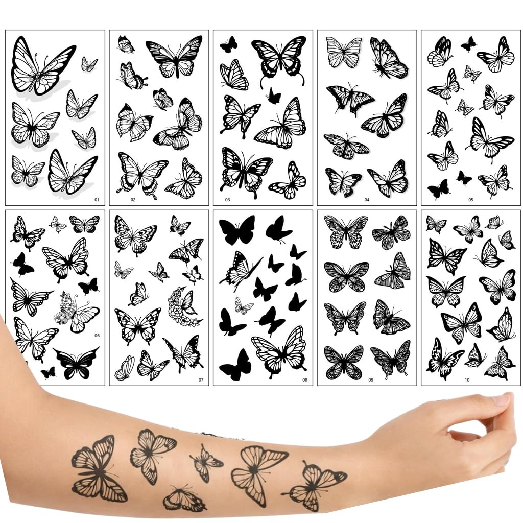 S.A.V.I 10 Sheets Black Butterfly Temporary Tattoo Stickers (6.8 x 12 cm) Realistic Floral Wing Designs | Waterproof, Safe & Non-Toxic | Long Lasting Body Art for Women & Girls (#322)