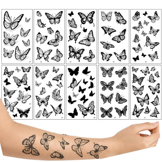 S.A.V.I 10 Sheets Black Butterfly Temporary Tattoo Stickers (6.8 x 12 cm) Realistic Floral Wing Designs | Waterproof, Safe & Non-Toxic | Long Lasting Body Art for Women & Girls (#322)