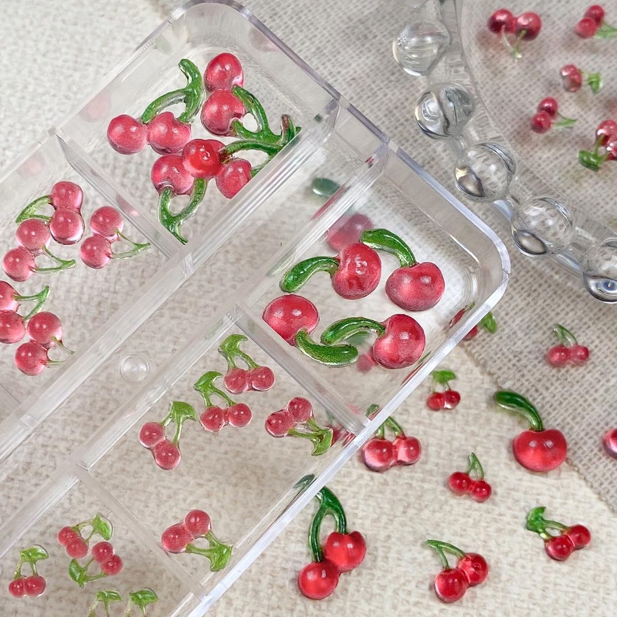S.A.V.I 3D Cherry Nail Art Charms Set (62 Pcs) | Red & Green Resin Mini Fruit Designs | Mixed Sizes | Glossy Finish | DIY Nail Decoration | 12-Grid Storage Box