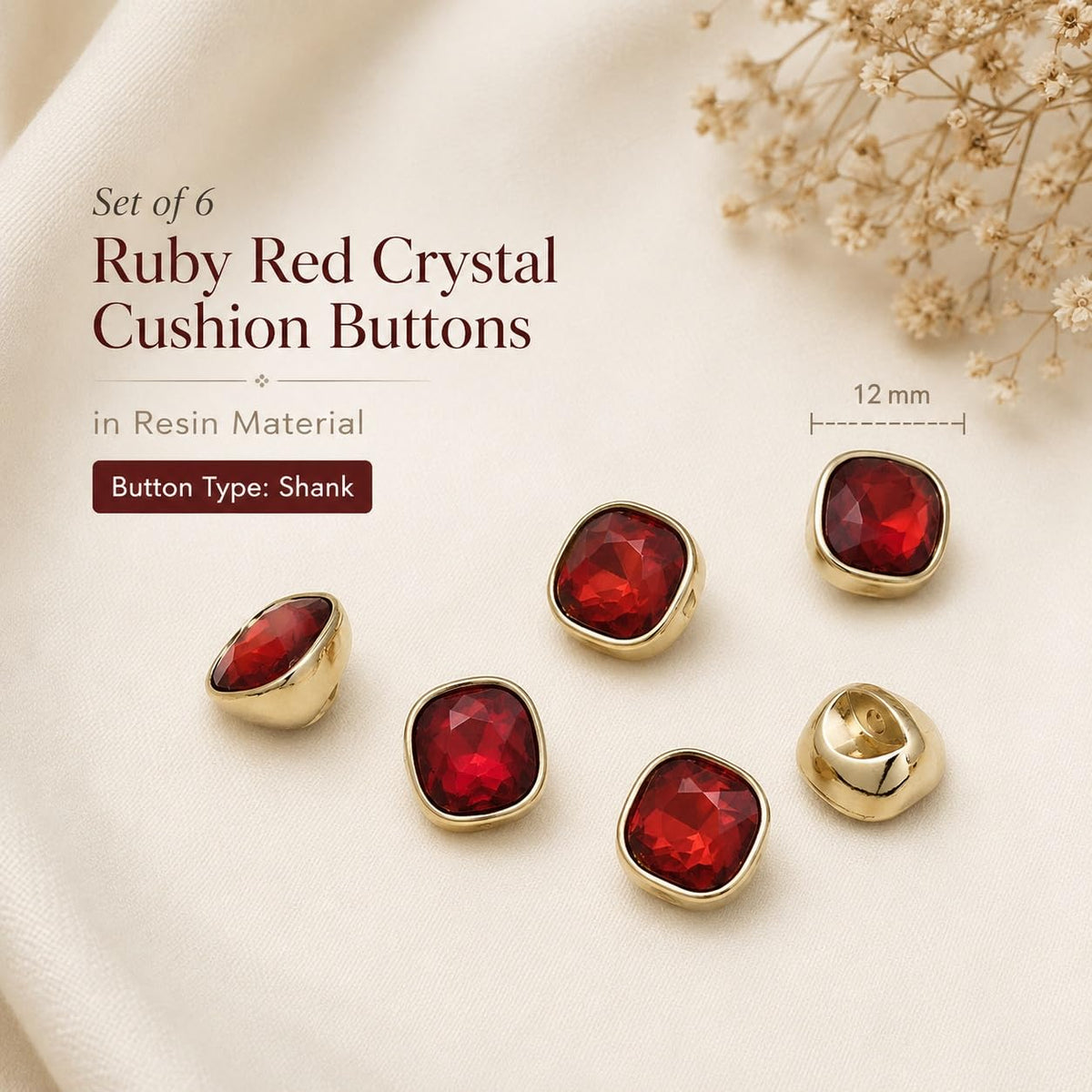 S.A.V.I Crystal Buttons for Kurti Blouse Ruby Red 12mm Set of 6 | Resin Shank Fasteners, Gold-Tone Rim, Ethnic Wear, Sewing Crafts, Dresses