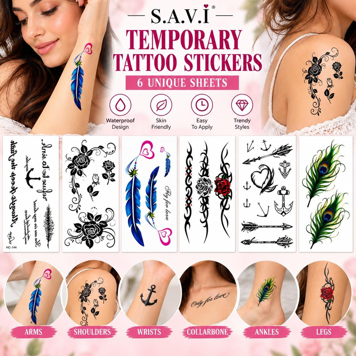 S.A.V.I Temporary Tattoo Stickers for Women, Waterproof Body Art